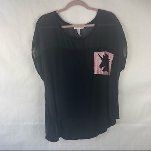 Ambiance Apparel Blouse w/ Sheer Shoulder Panel & Unicorn Decal Size 3X